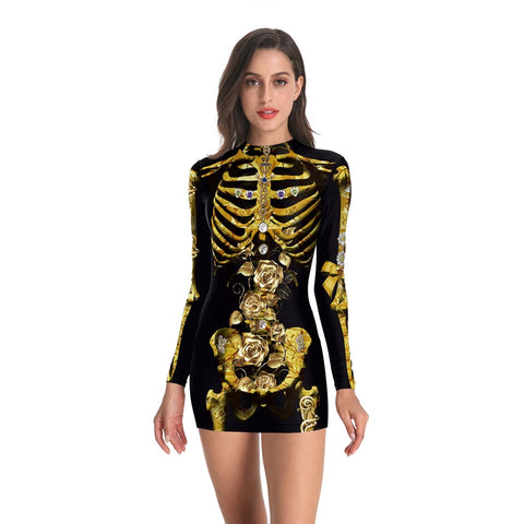 Scary Horror Cosplay Costumes Mini Dress - Golden Skeleton print