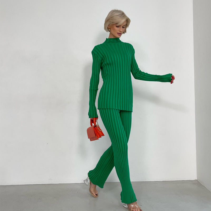 Green Sunken Stripe Tops & Bell-bottom Pants Set
