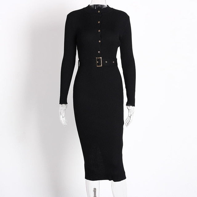 Black Knitted Midi Sweater Pencil Dress