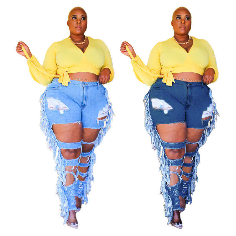 Plus sized Ripped Hollow-Out Tight Denim Pants