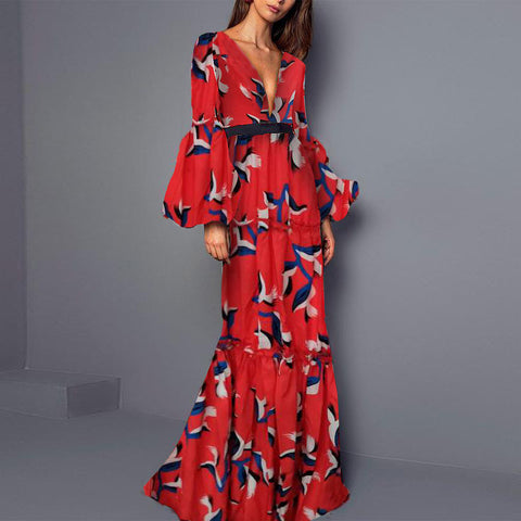 S1 Bohemian Print Long Dress New Dress V-Neck Sexy for Women