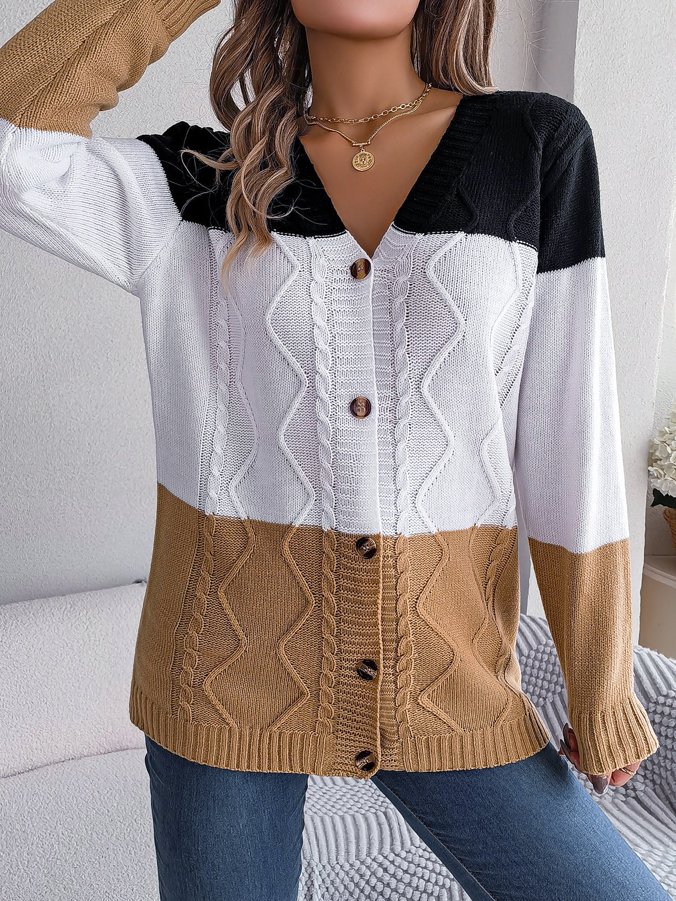 Khaki Charlotte Buttoned Casual Sweater