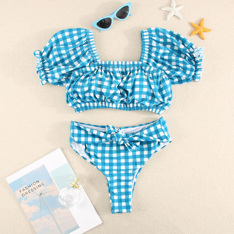 Blue Plaid High Waist Split Two Piece Swimsuit