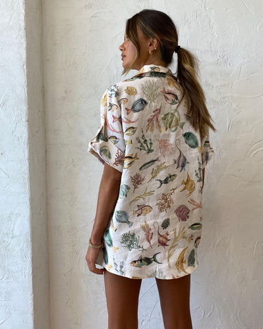 Fish Print Short Sleeve Vacation Style Casual