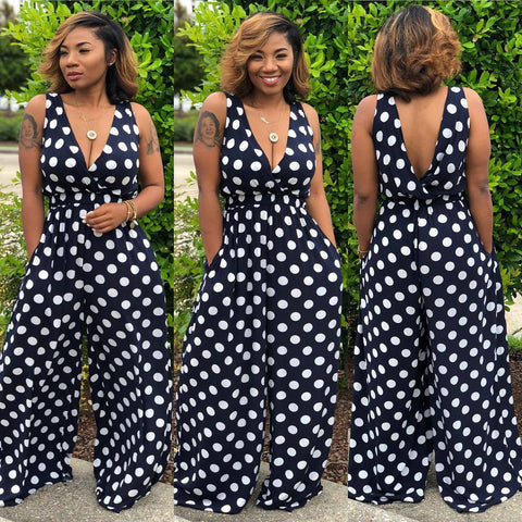 Black Geneva Plus Size Casual Jumpsuits w/ Polka Prints