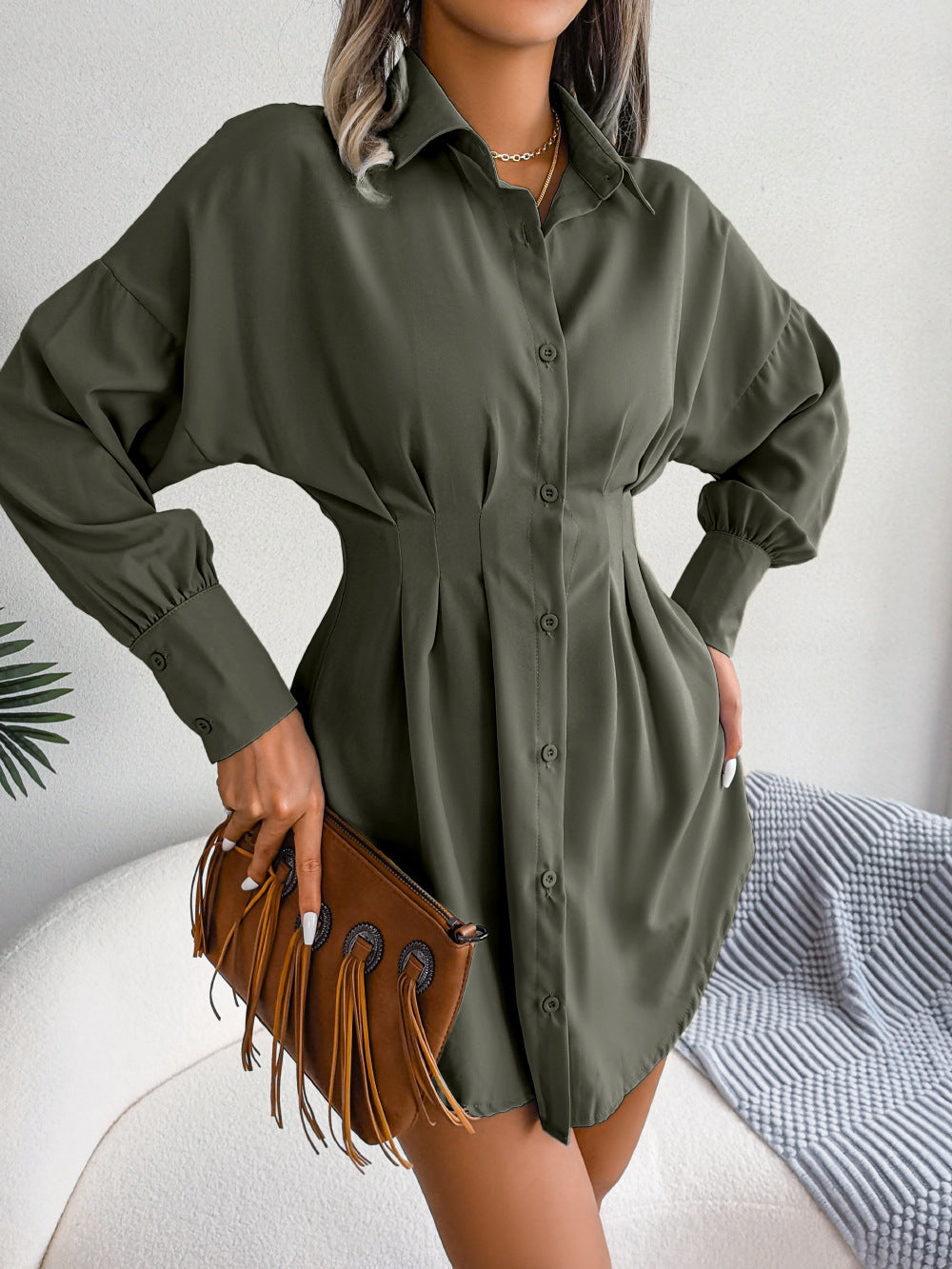 Army Green Lantern Sleeves Waist Pleated Dress