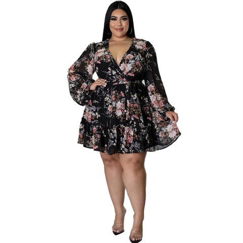 Plus Size V Neck Chiffon Dress