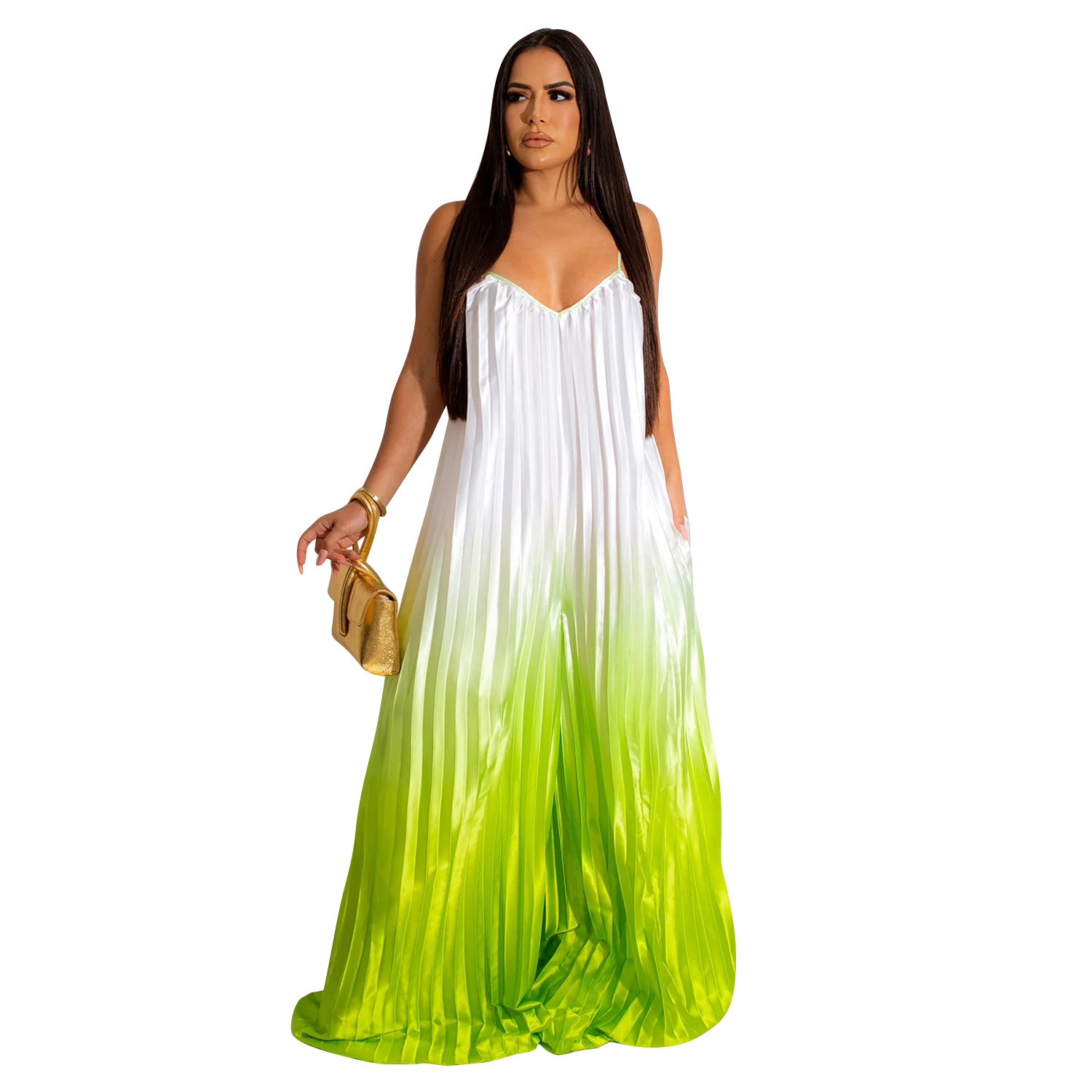 Gabrielle Gradient Green Pleated Loose Jumpsuits