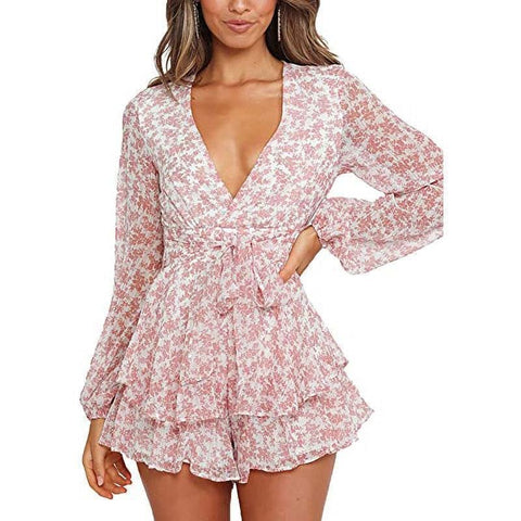 v-neck waist tie floral print short romper