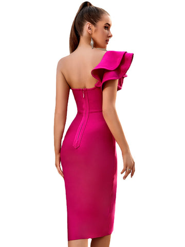 Ruffle-Adorned Rose Red Bodycon Dress