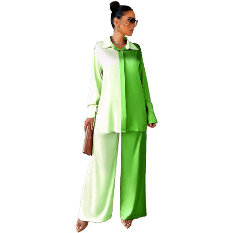 Green Luna Casual Silk Shirt and Trousers Outfit