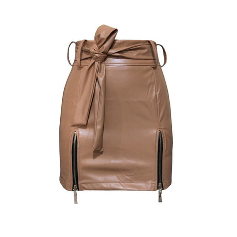 Khaki Leather Mini Skirts with Slit Zipper Details