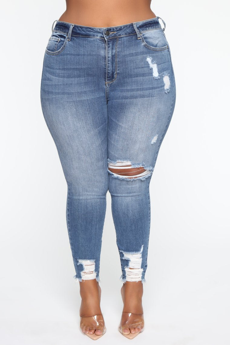 Plus Size Stretch Ripped Women Jeans Blue