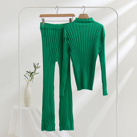 Green Sunken Stripe Tops & Bell-bottom Pants Set