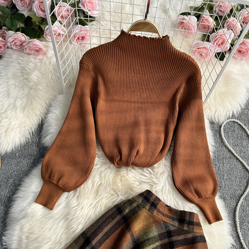 Light Brown Ribbed Women Tops and Plaid Skirt Set