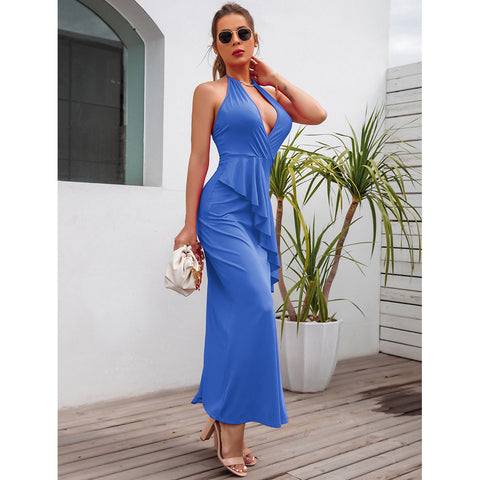 Blue Slit Pleated Suspender Summer Dress