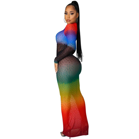 Rainbow-Colored Mesh Bodycon Dress Side View