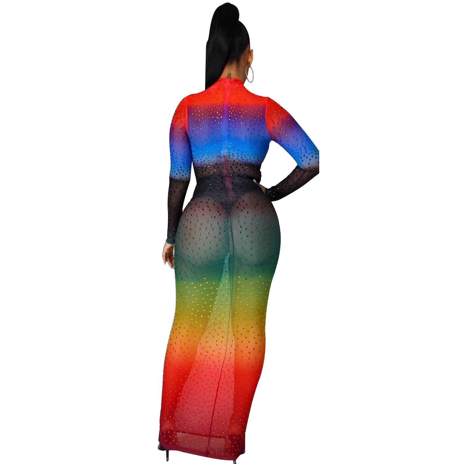 Rainbow-Colored Mesh Bodycon Dress Back view