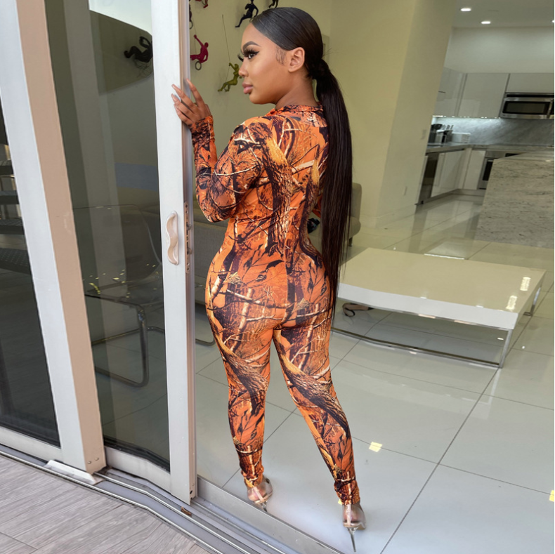 Orange Zip It Up Printed Bodycon Casual Jumpsuit