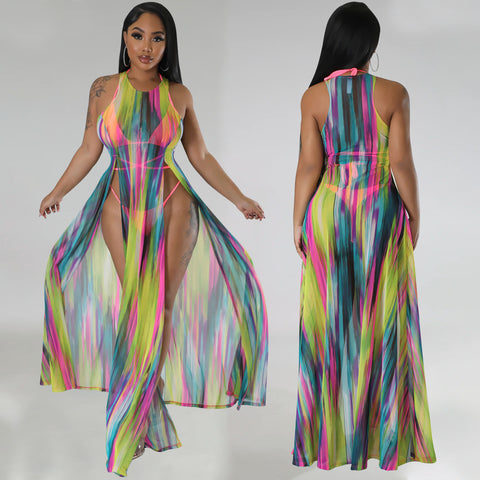 Pink Mesh Split Dress Bikini Outfit