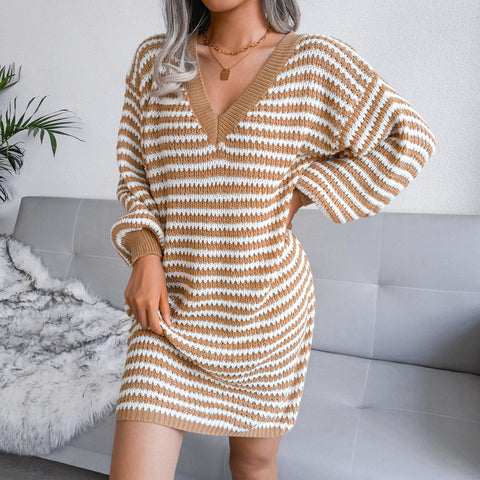 Khaki Striped Wool Winter Dress