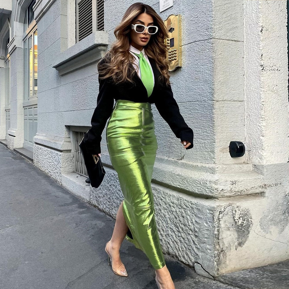 Green High Waist Metallic Hue Maxi Skirt 