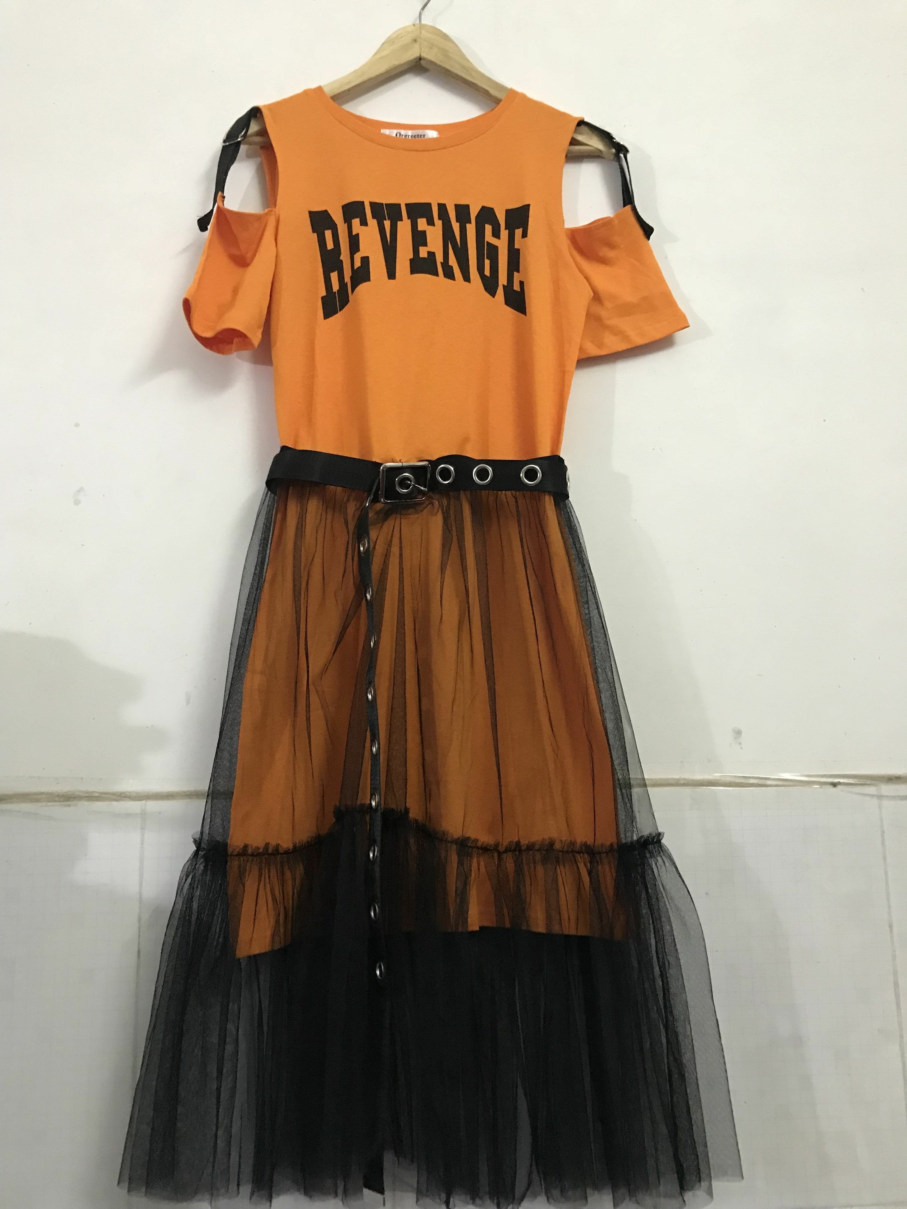 Orange T-shirt plus Mesh See Through Skirt
