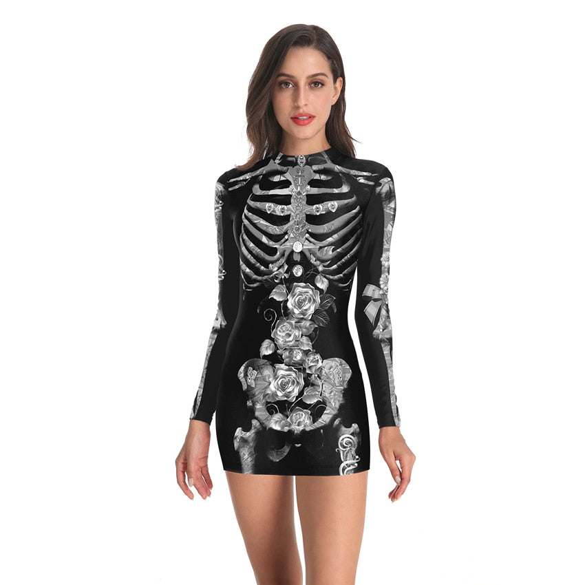 Scary Horror Cosplay Costumes Mini Dress - Silver Skeleton