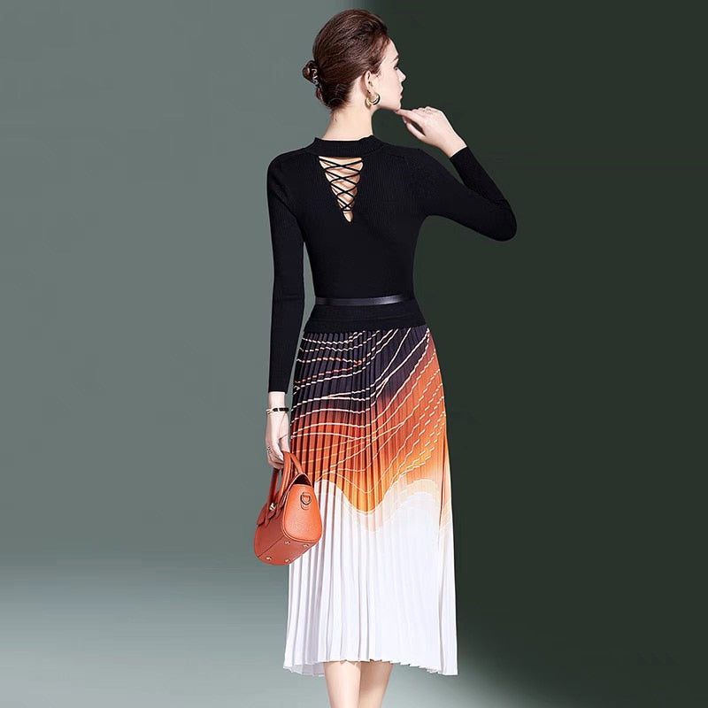 Twilight Black Orange Pleated Midi Dress