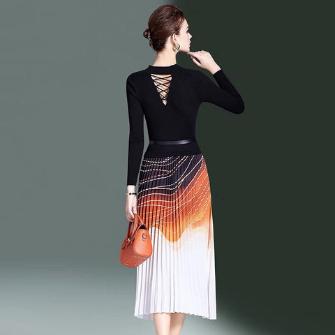 Twilight Black Orange Pleated Midi Dress