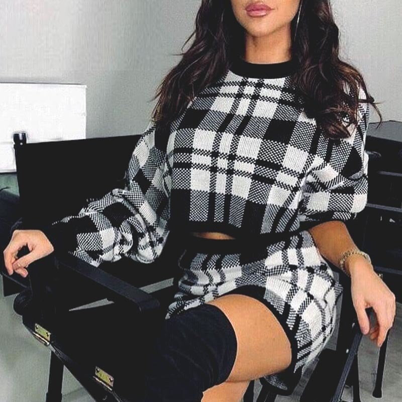 Plaid Sweater Outfit Crop Top and Skirt Sets 