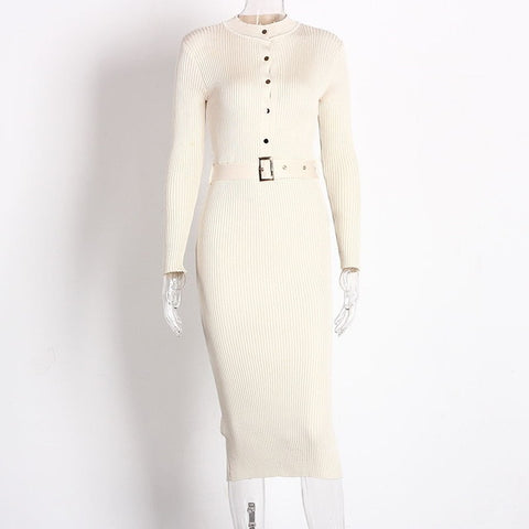 White Knitted Midi Sweater Pencil Dress