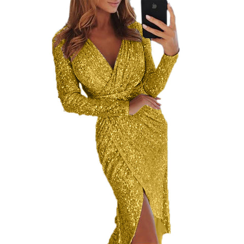 Stephanie Sequin Dinner Dress Gold
