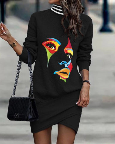 Woman Head Printed Long Sleeve Turtle Neck Dresses for Women