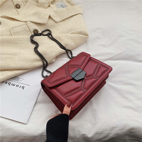 Burgundy Rivets PU Leather Chain Strap Women Bags