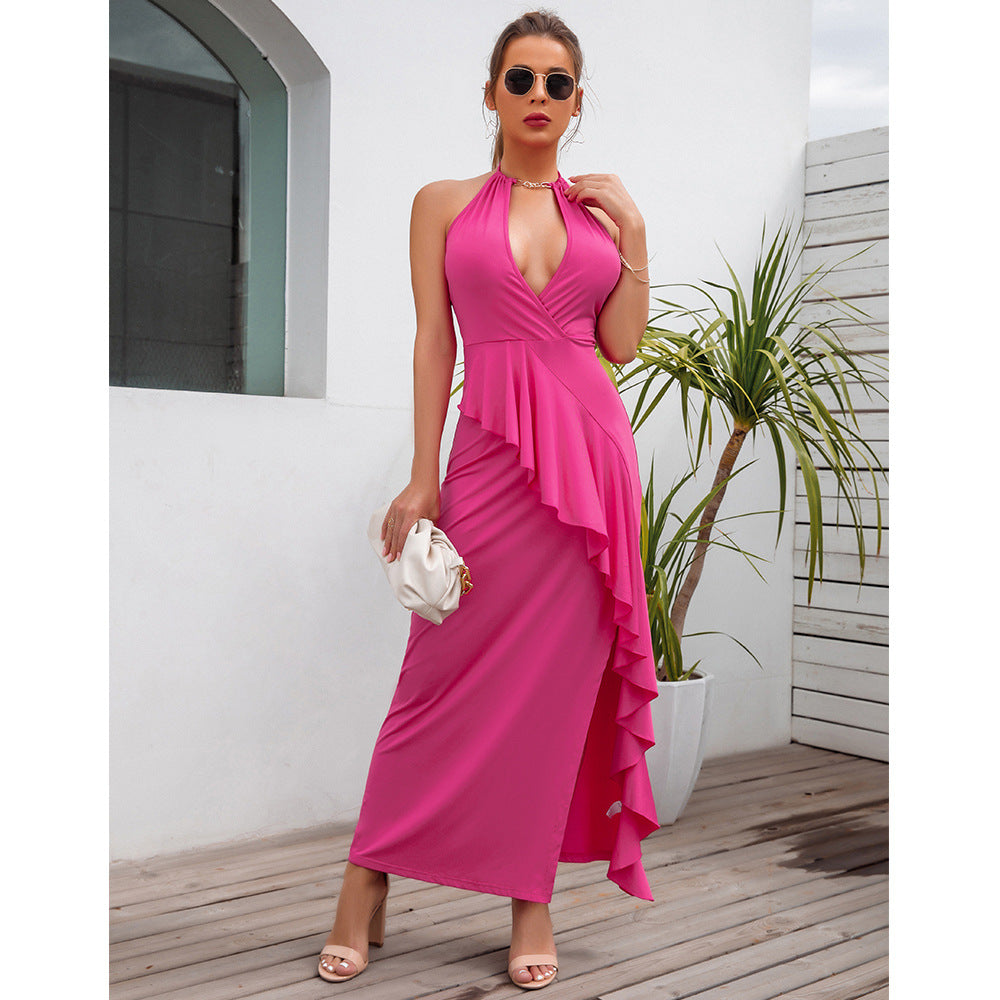 Rose Red Slit Pleated Suspender Summer Dress