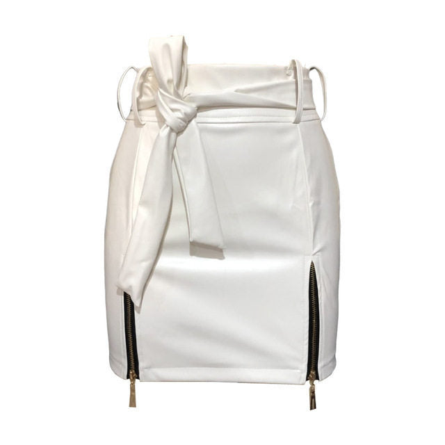 White Leather Mini Skirts with Slit Zipper Details