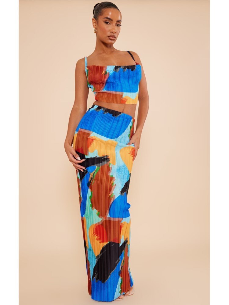 Blue Printed Pleated Top And Skirt Set
