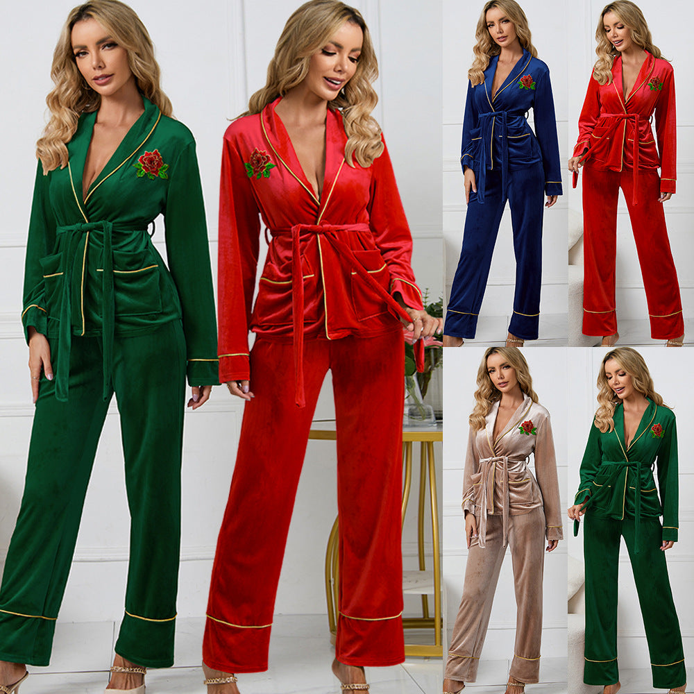 Velvet Rose Embroidered Home Suit Blouse and Pants