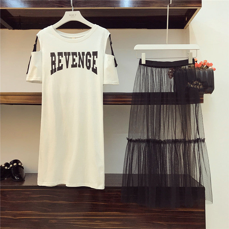 White T-shirt plus Mesh See Through Skirt