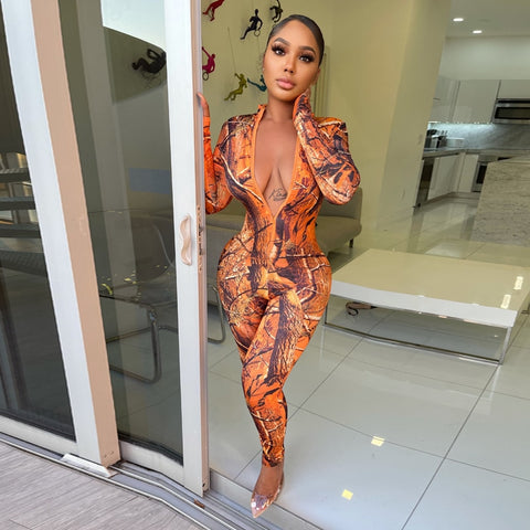 Orange Zip It Up Printed Bodycon Casual Jumpsuit