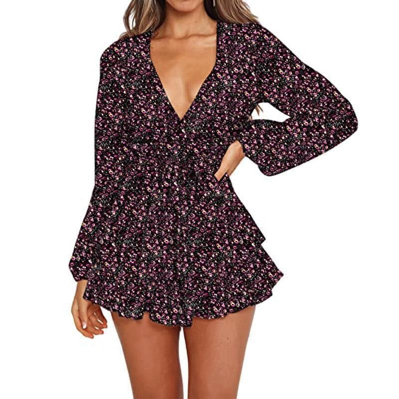 v-neck waist tie floral print short romper