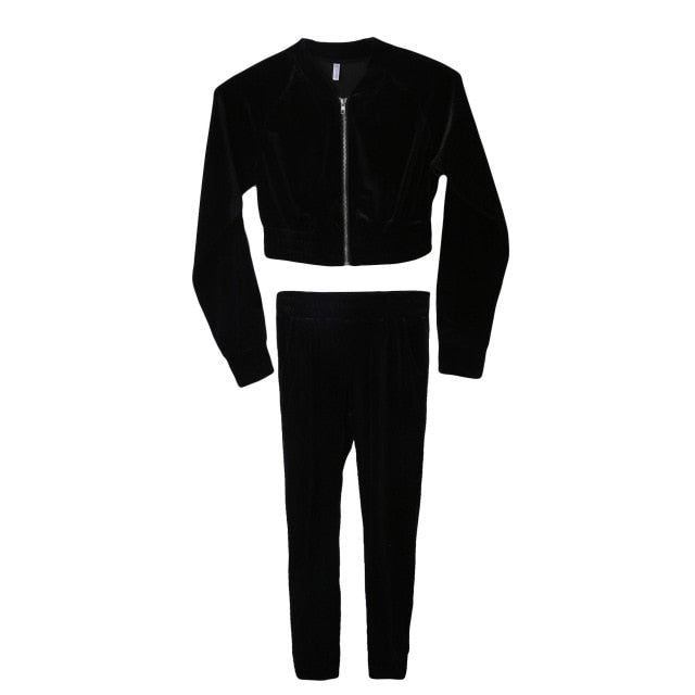 Black Velour Smooth Sweatshirt & Pants Sets