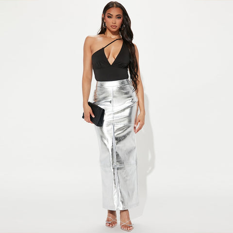 Silver High Waist Metallic Hue Maxi Skirt 