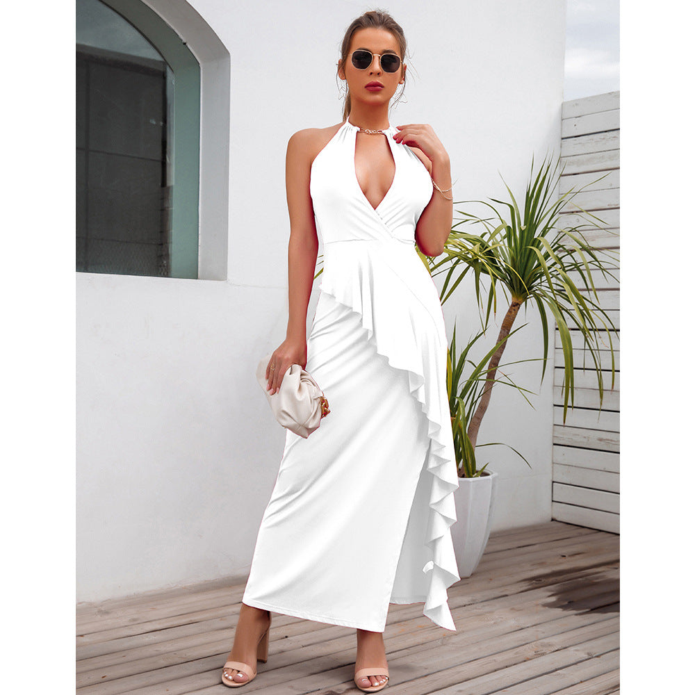 White Slit Pleated Suspender Summer Dress