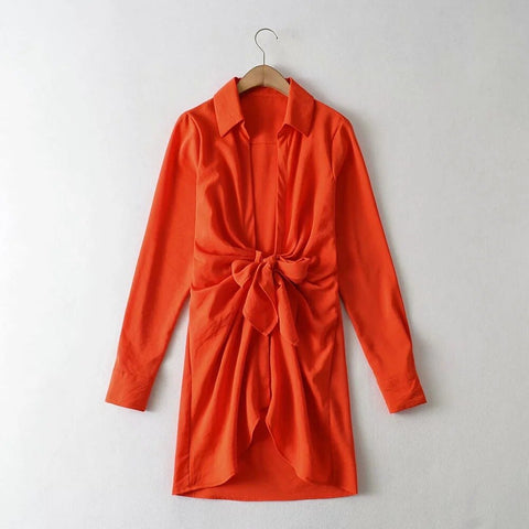Orange Deep V-Neck Tie Waist Shirt Dress
