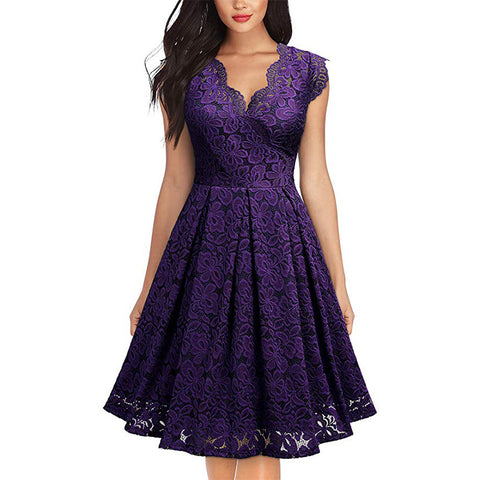 Purple Retro Lace V-Neck Cocktail Dress