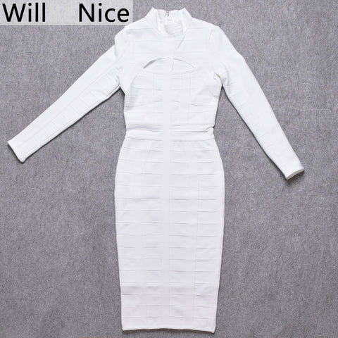 S1 Women Bodycon Bandage Dress White Long Sleeve Hollow Out Club Dress Vestidos Celebrity Evening Party Midi Dress