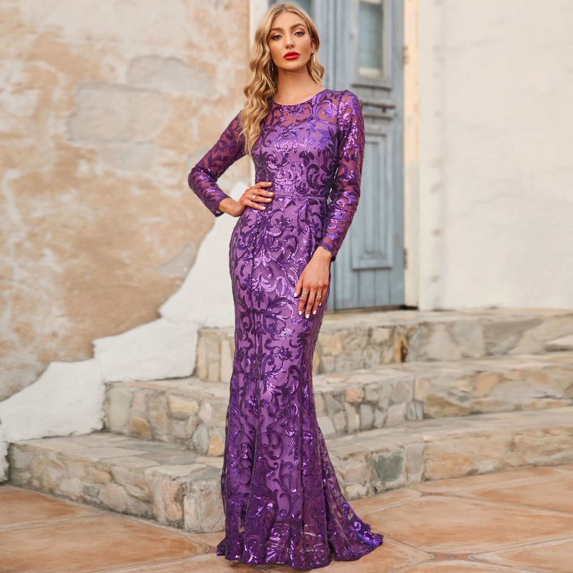 Purple Sequined Long Evening Dress