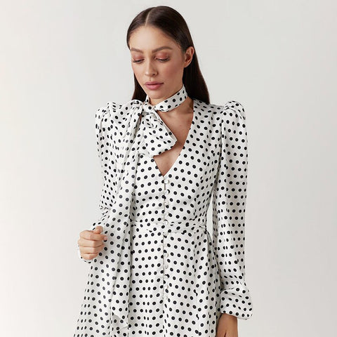 White Printed V-Neck Long Sleeves Dots Dress
